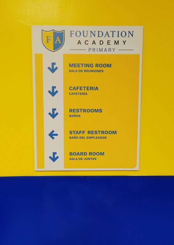 For the Academies interior wayfinding signage, the colors of the different schools are represented on each of the floors. While directions are provided, the colors inform students, staff and visitors where they are within the Academies.