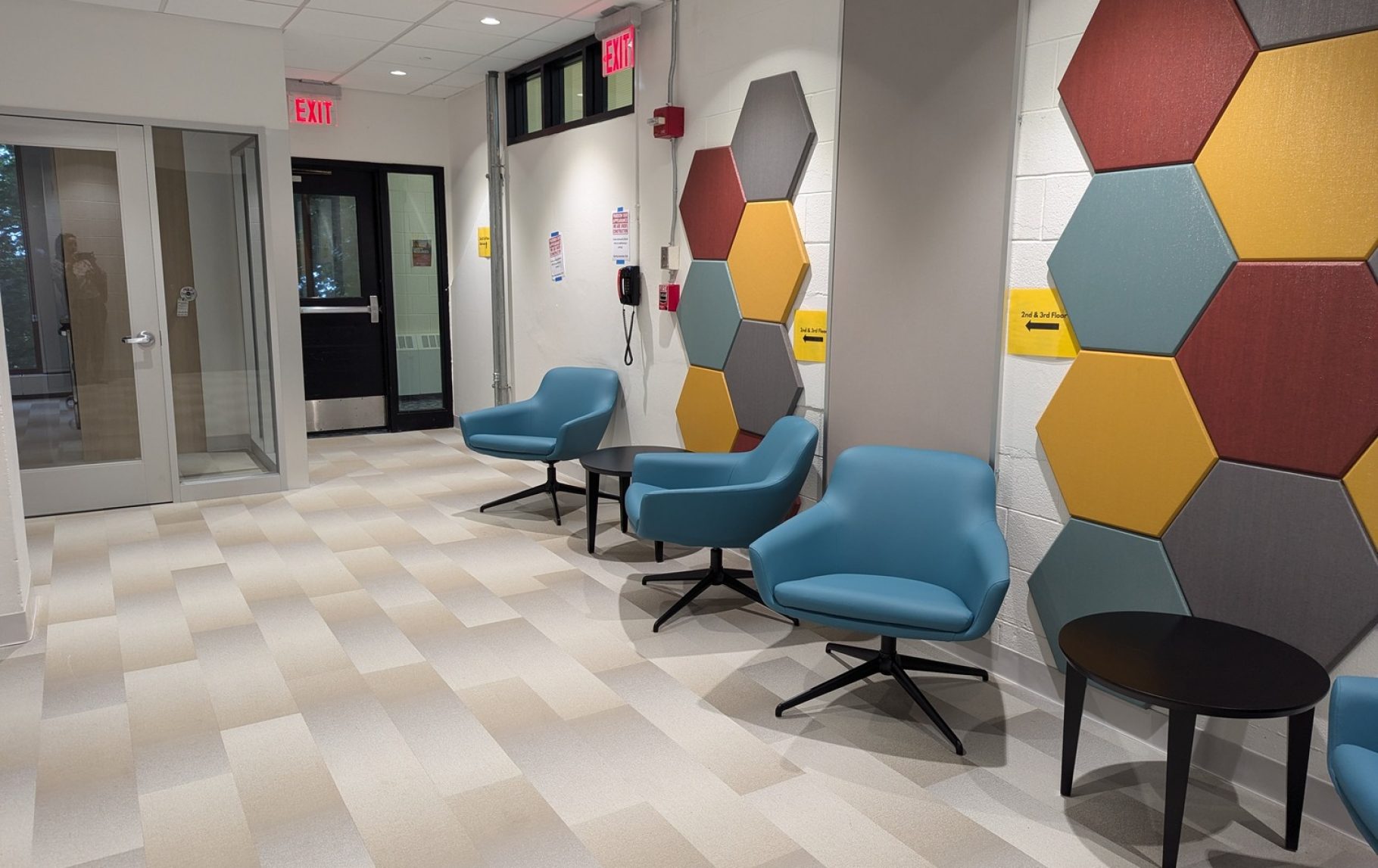 A look at before and after  Conceptual rendering and finalized space of the revitalized hallway